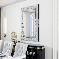 Miroir Mural En Diamant Broyé 100x70cm Grand Cristal Argent Sparkly Longueur Complète