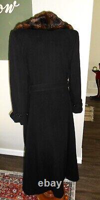 Ralph Lauren Black Full Length Wool Wrap Coat Avec Fur Collar Femme's Large