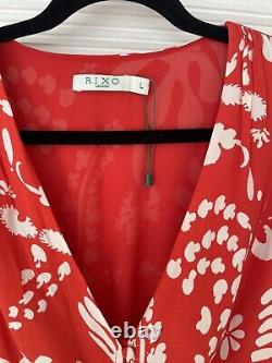 Rixo Katie Rouge Hawaii Floral Imprimer Robe MIDI Taille Grand L 14