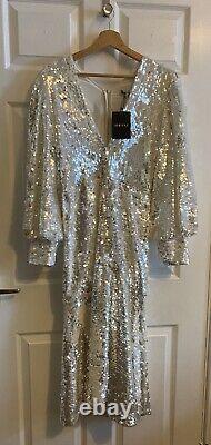 Robe de cocktail éblouissante blanche à sequins toute neuve avec étiquettes, taille 42L