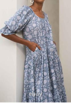 Robe longue en coton bleu indien à volants pour filles, style caftan de plage d'été