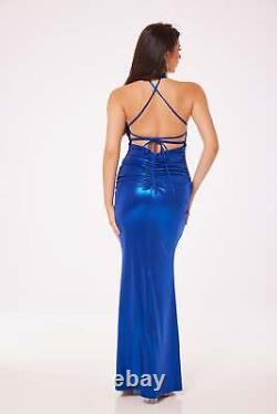 Robe maxi à col halter bleu métallique