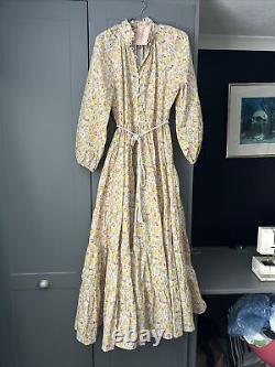 Robe maxi printanière à fleurs jaunes SERAPHINA London Nehru, taille L 14, neuve avec étiquette, manches longues