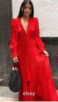 Robe maxi romantique rouge plissée en faux satin de soie froissé à col noué Zara