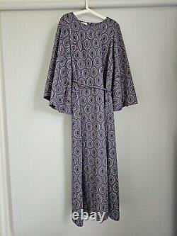 Robe maxi vintage paisley bleu violet argent à manches chauve-souris en crimplene