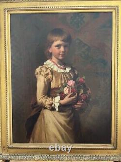 Très grande peinture Portrait en pied d'une jeune femme avec un bouquet de fleurs