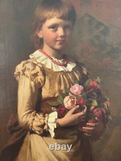 Très grande peinture Portrait en pied d'une jeune femme avec un bouquet de fleurs