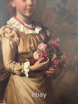 Très grande peinture Portrait en pied d'une jeune femme avec un bouquet de fleurs