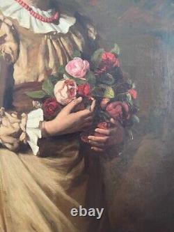 Très grande peinture Portrait en pied d'une jeune femme avec un bouquet de fleurs