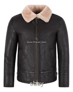 Veste en cuir véritable mouton shearling marron beige pour homme B3