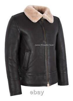 Veste en cuir véritable mouton shearling marron beige pour homme B3