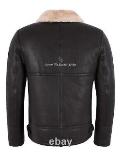 Veste en cuir véritable mouton shearling marron beige pour homme B3