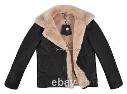 Veste en cuir véritable mouton shearling marron beige pour homme B3