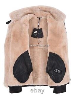 Veste en cuir véritable mouton shearling marron beige pour homme B3