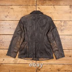 Veste en cuir vintage Columbia taille L, marron foncé usé, fermeture éclair intégrale, longueur mi-hauteur pour femme.